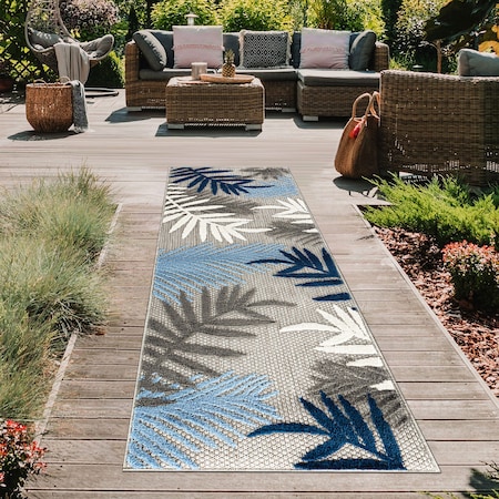 World Rug Gallery Palm Frond Indoor/Outdoor Runner Rug 2'x7' Blue Runner Rug 5550BLUE2X7
